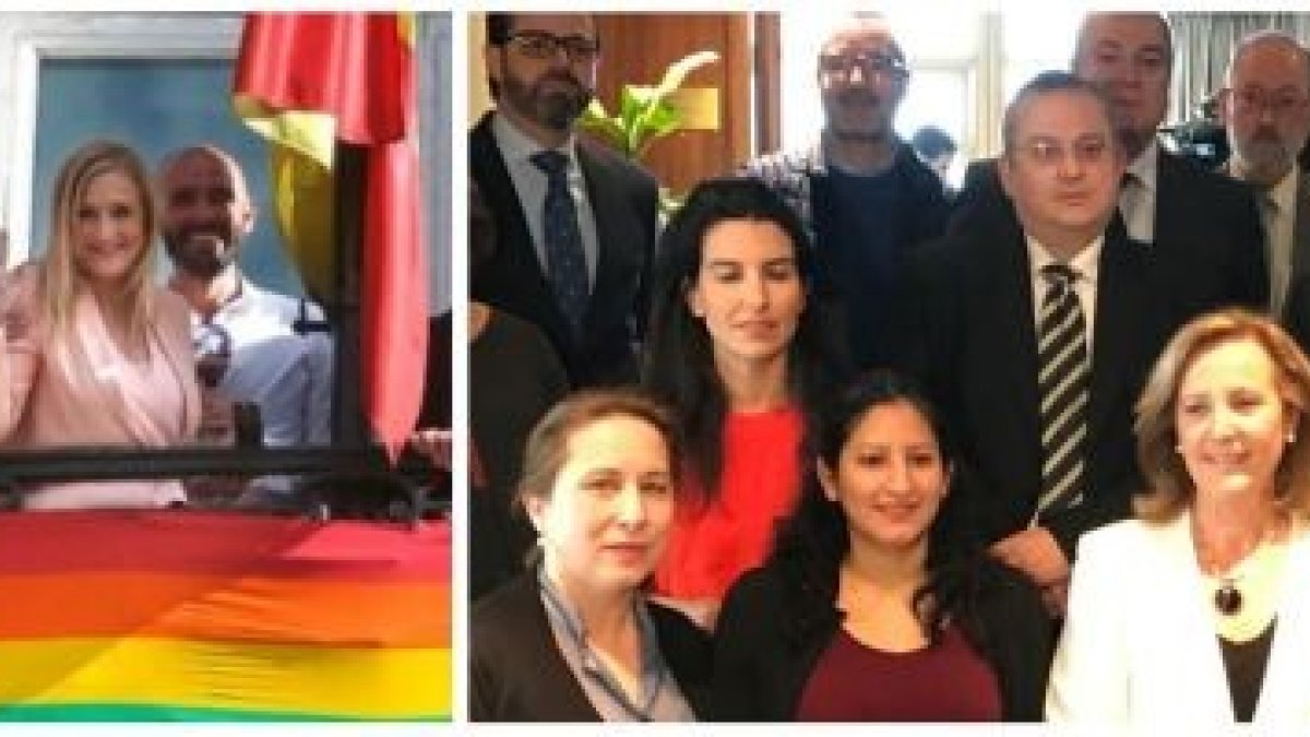 A la izquierda, Cristina Cifuentes, con los símbolos del lobby gay - a la derecha, la nueva Plataforma por las Libertades