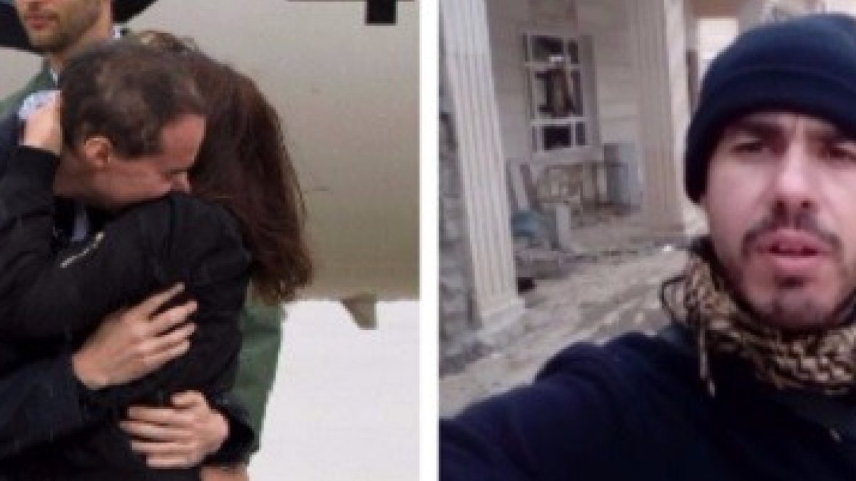 A la izquierda, Pampliega tras su llegada a España una vez liberado. A la derecha, en la ciudad de Qaraqosh, Irak