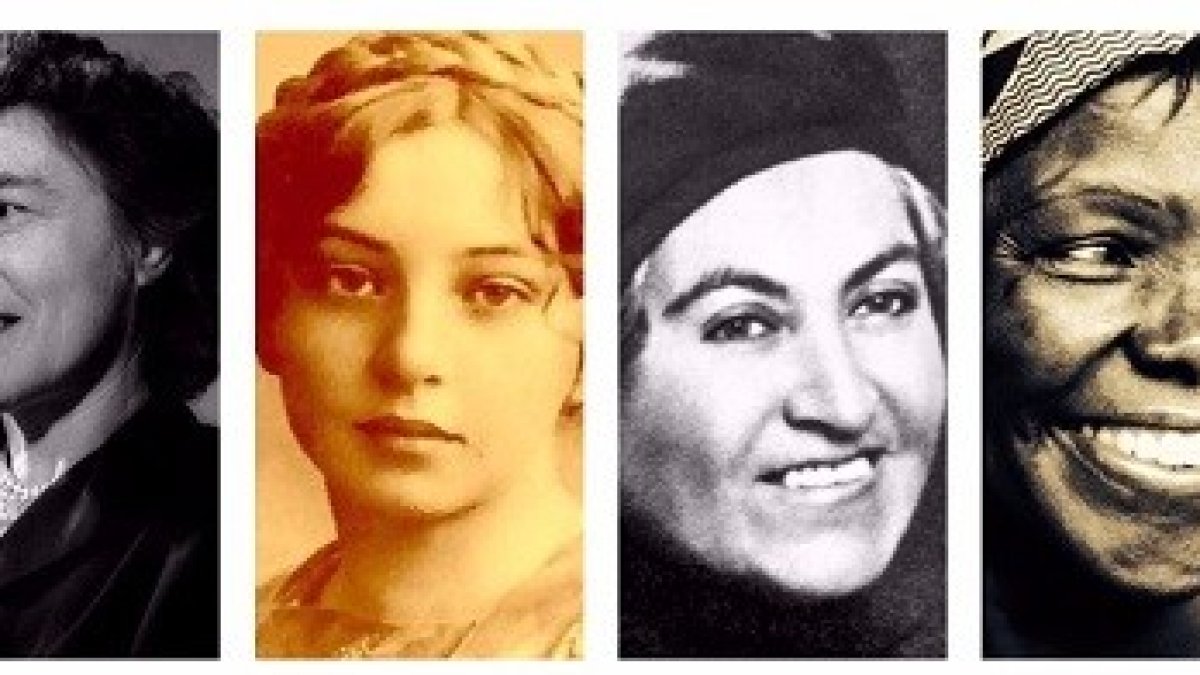 De izquierda a derecha: Tony Morrison, Gerty Cori, Sigrid Undset, Gabriela Mistral, Wangari Maathai y Santa Teresa de Calcuta