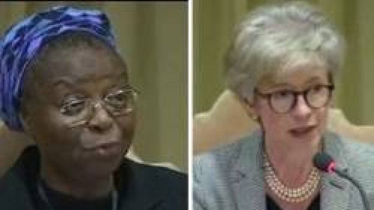 Sor Verónica, a la izquierda, y la canonista y madre de familia Linda Ghisoni, a la derecha, han participado con sus ponencias en la cumbre antiabusos del Vaticano