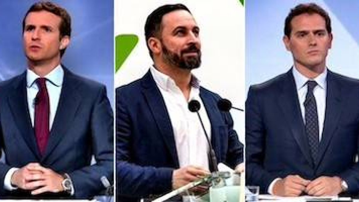 De izquierda a derecha: Pedro Sánchez (PSOE), Pablo Casado (PP), Santiago Abascal (Vox), Albert Rivera (Ciudadanos) y Pablo Iglesias (Unidas Podemos).