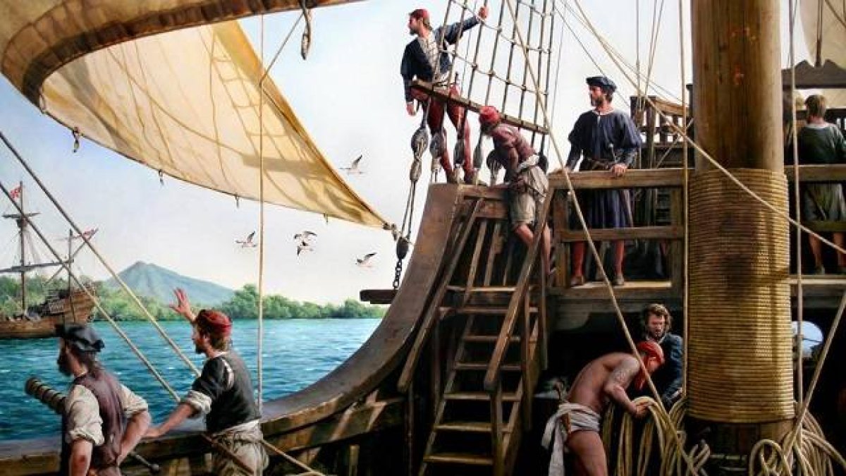 Pintura recientemente presentada por Augusto Ferrer-Dalmau que muestra a Elcano cuando decida completar la vuelta al mundo