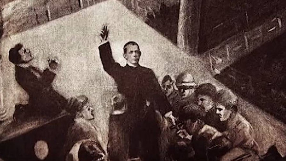 Pintura que recuerda la entrega sacerdotal del P. Thomas con los que morirían en el Titanic