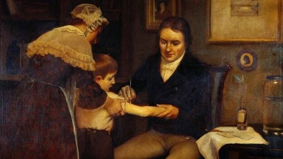 Jenner vacunando a James Phipps. Óleo pintado por Earnest Board (1920)