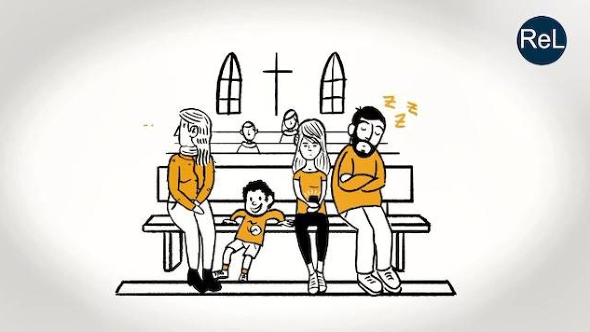 La imagen caricaturiza una situación real y frecuente en los templos durante la misa. ReL lanza un vídeo que te ayudará a evitarla.