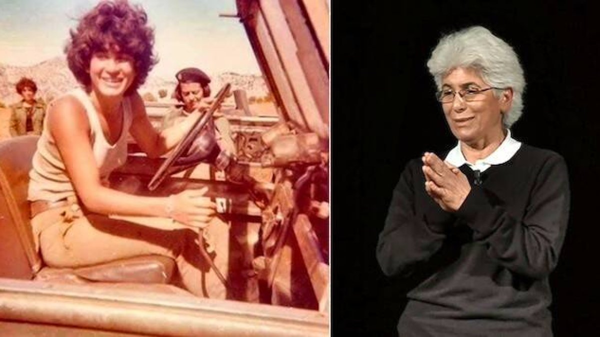 Jocelyne Khoueiry, en dos momentos muy distintos de su vida: a la izquierda, durante la guerra por la liberación del Líbano; a la derecha, en una conferencia en el Vaticano el 8 de marzo de 2014.