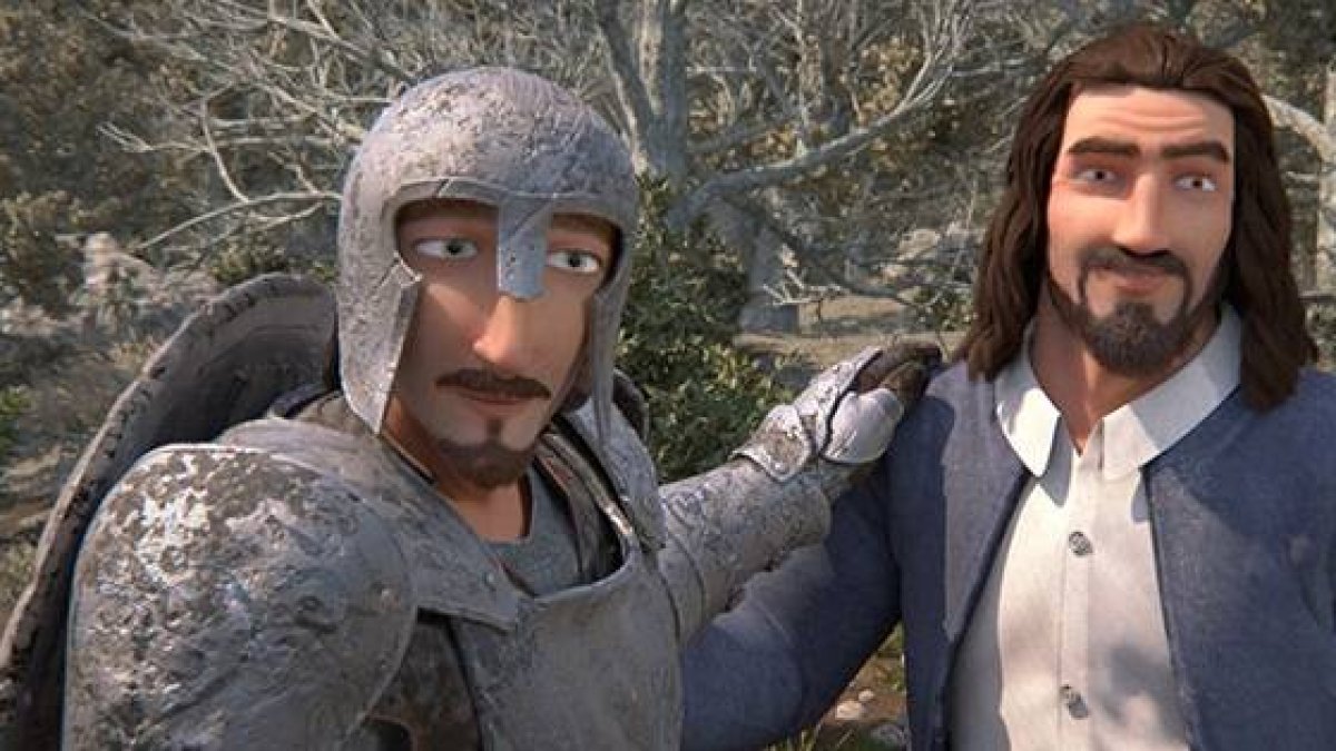 El peregrino, con armadura, acompañado de Evangelista, uno de sus guías ocasionales - un clásico espiritual del siglo XVII