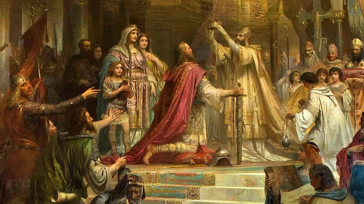Coronación de Carlomagno por el Papa León III el 25 de diciembre del año 800 en la basílica de San Pedro. La unión del trono y el altar caracterizó durante casi mil quinientos años la sociedad europea. Óleo de Friedrich Kaulbach de 1861 (detalle).