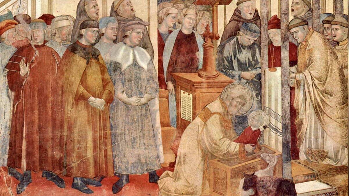 El primer belén de la historia lo compusieron personas reales según las indicaciones de San Francisco de Asís. Imagen: «El pesebre de Greccio» (fragmento) de Giotto, fresco en la Basílica de Asís pintado entre 1295 y 1299.