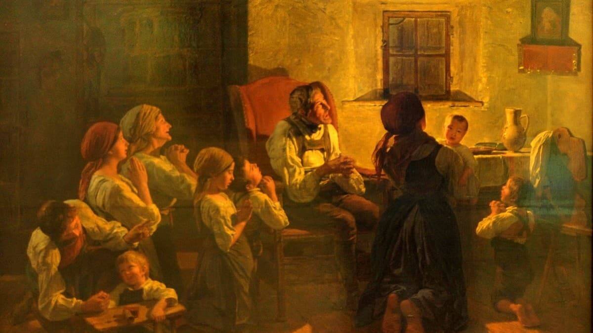El hogar es el lugar natural de nuestro encuentro con Cristo. Él acude al rescate de las fragilidades propias de cada familia, y solo pide una oración confiada. Imagen: «Oración de la noche» (detalle) de Ferdinand Waldmüller (1793-1865).