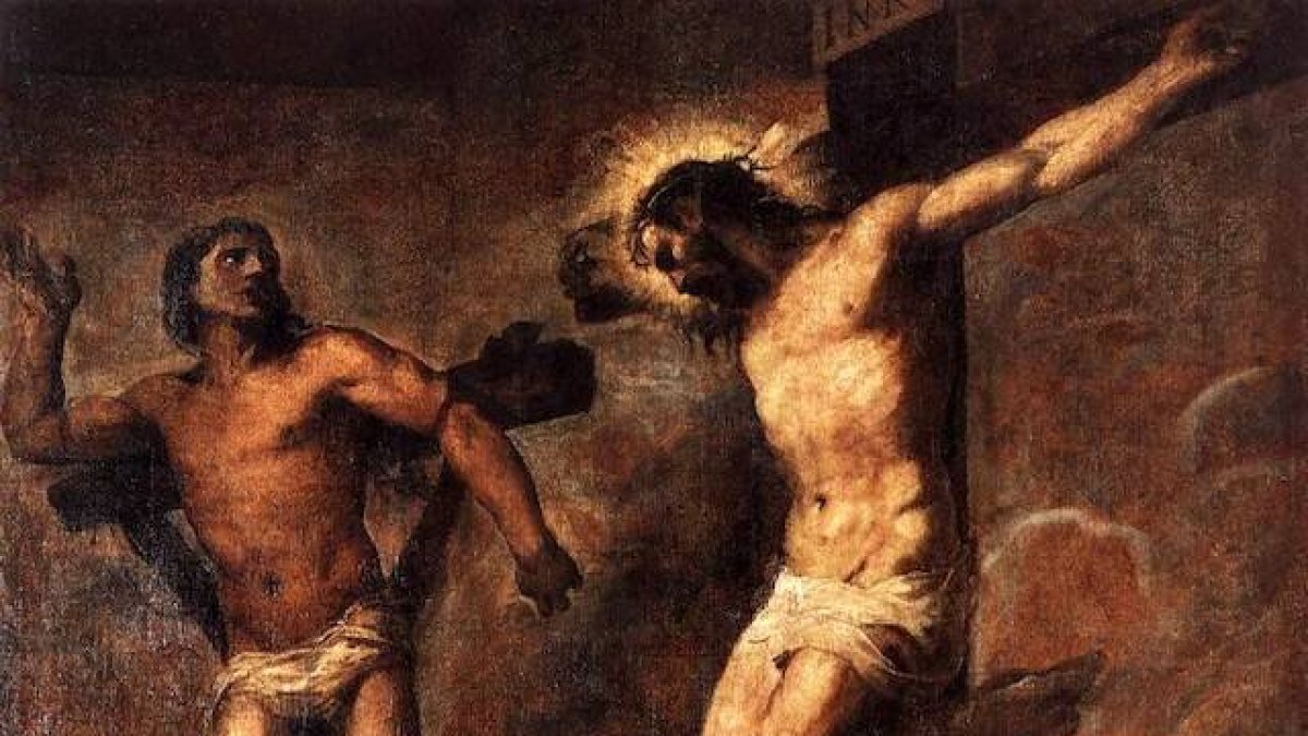 Su fe en Cristo como Salvador capaz de lavar sus pecados por pura misericordia llevó al Cielo al arrepentido San Dimas. Tiziano, «Jesucristo y el Buen Ladrón» (detalle), 1566.