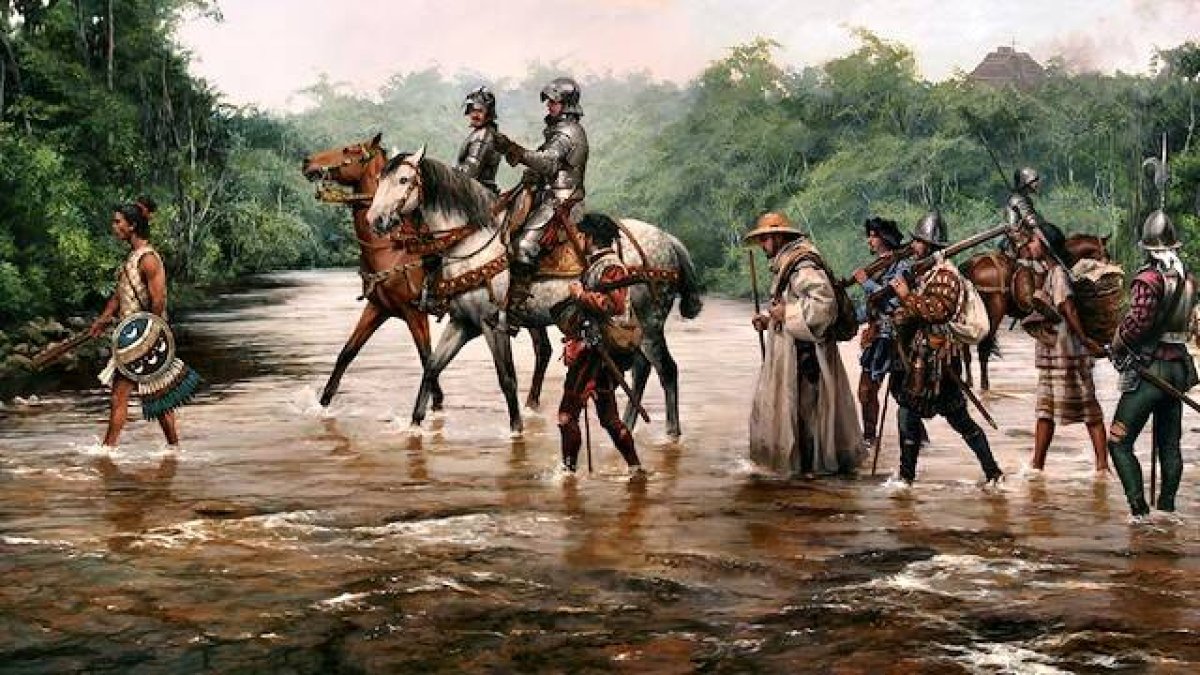 Hernán Cortés es el auténtico libertador de México, al acabar con la brutal tiranía de los aztecas. En la imagen, detalle de «La marcha a Tenochtitlán», de Augusto Ferrer-Dalmau (Barcelona, 1964).