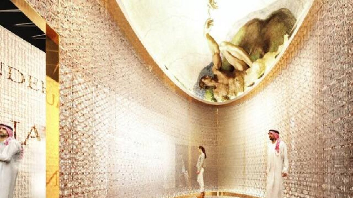 Pabellón vaticano en la Expo Dubai 2020, con la Creación del Hombre, vista por Miguel Ángel