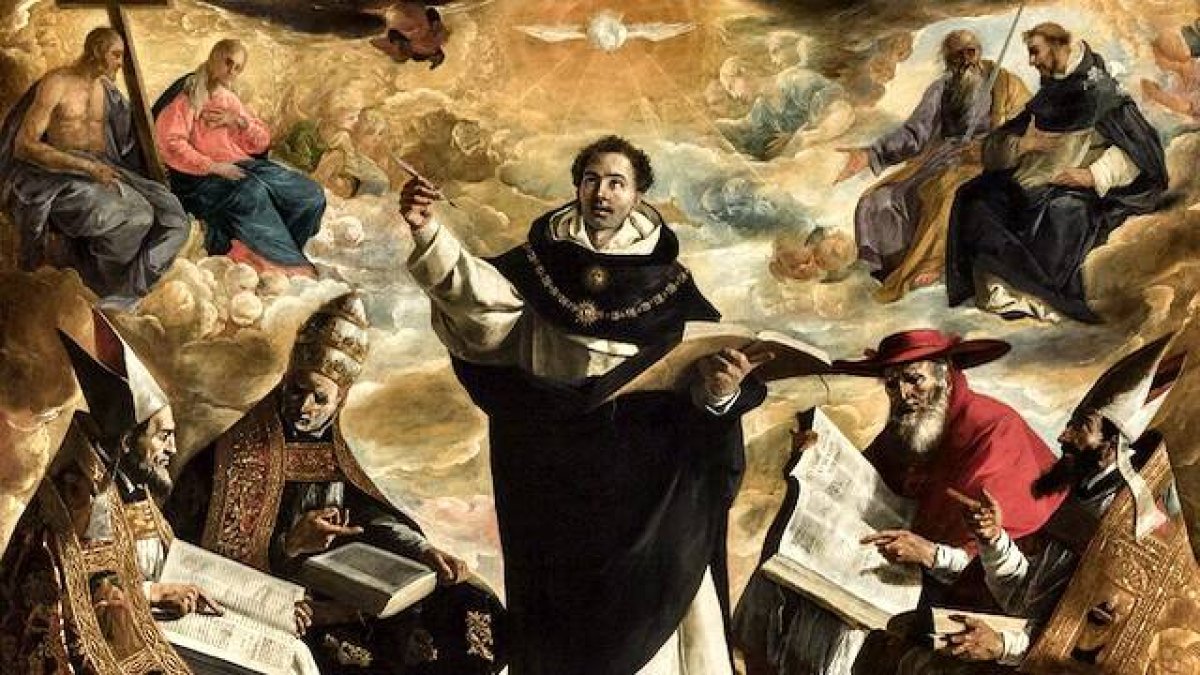 La obra de Santo Tomás de Aquino (1225-1274) es la cumbre de la filosofía y de la teología. Cuadro: «Apoteosis de Santo Tomás de Aquino» (detalle, 1631) de Francisco de Zurbarán, Museo de Bellas Artes de Sevilla.