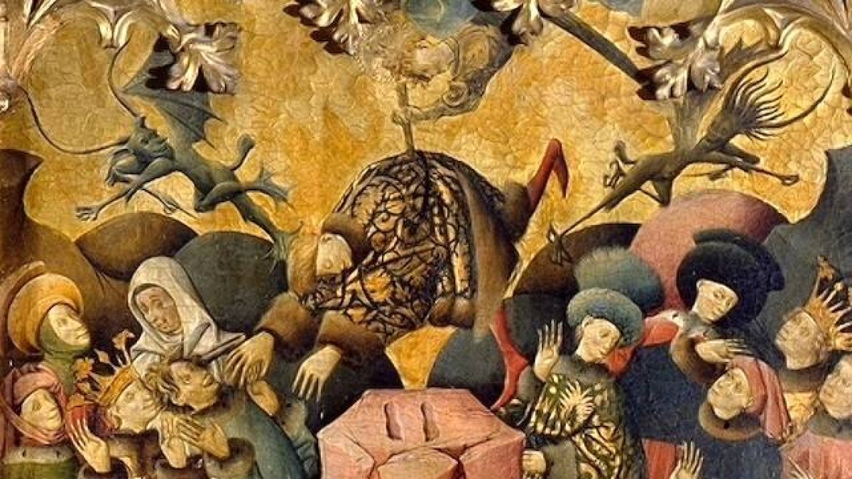 Victoria de San Miguel sobre el anticristo, cuando, por artes mágicas, se finge resucitado e intenta ascender al cielo: Retablo de la Leyenda de San Miguel (1440), del Maestro de Arguis, Museo del Prado.