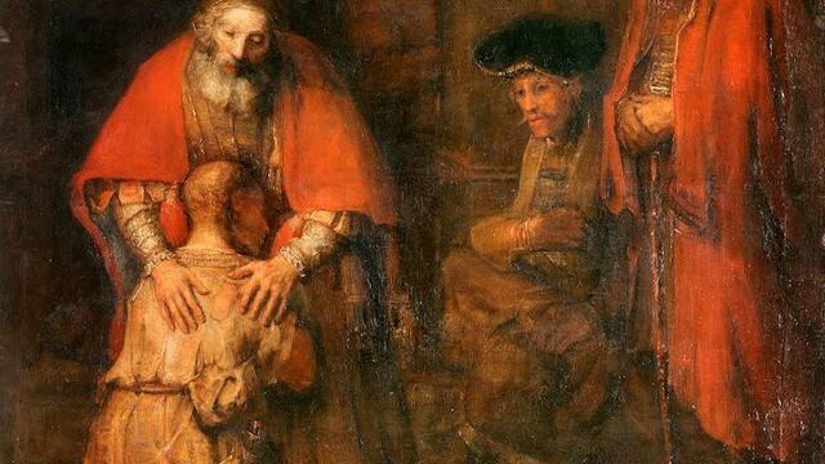 «El retorno del hijo pródigo» (detalle), cuadro de Rembrandt (1662) que expresa la esencia del cristianismo: el perdón de Dios al pecador arrepentido y su amor de padre que se anticipa a los deseos del hijo.