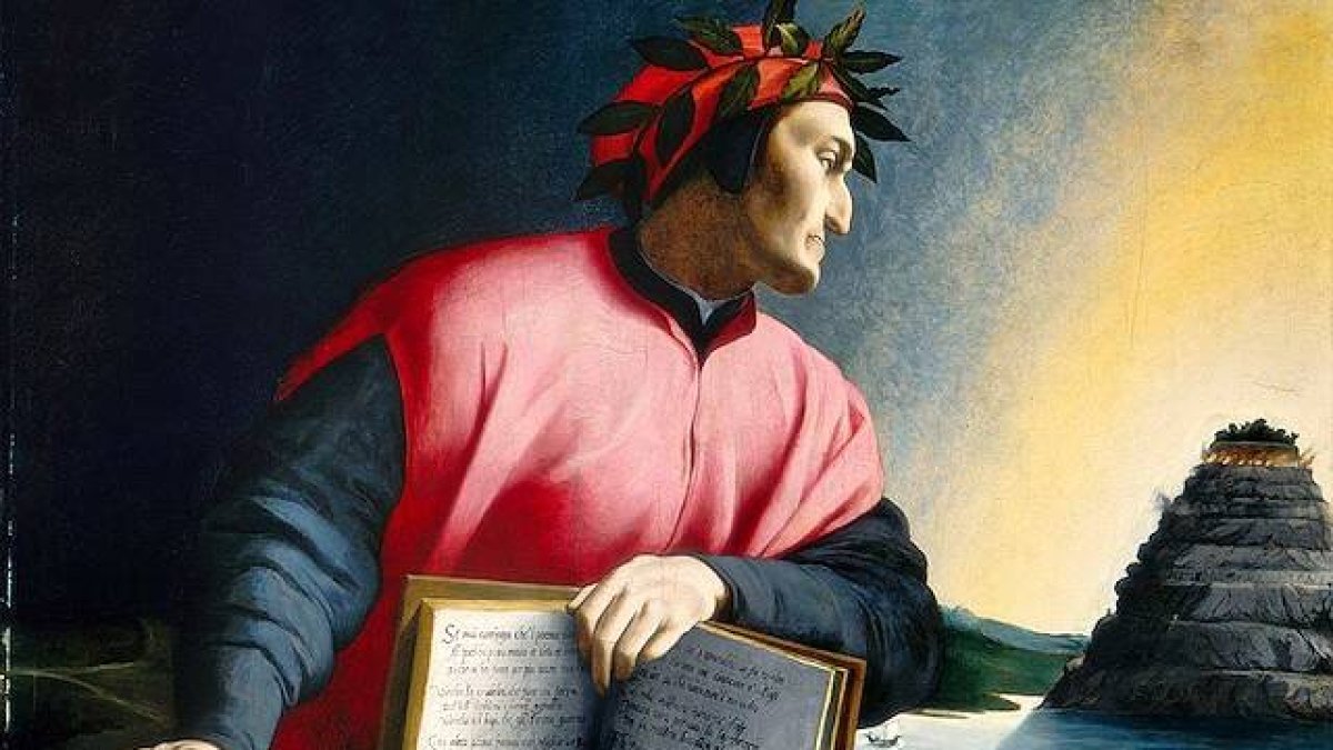 Dante sostiene la Divina Comedia, abierta en el Canto XXV del Paraíso, mientras contempla la montaña del Purgatorio, en una obra de un maestro florentino desconocido del siglo XVI.