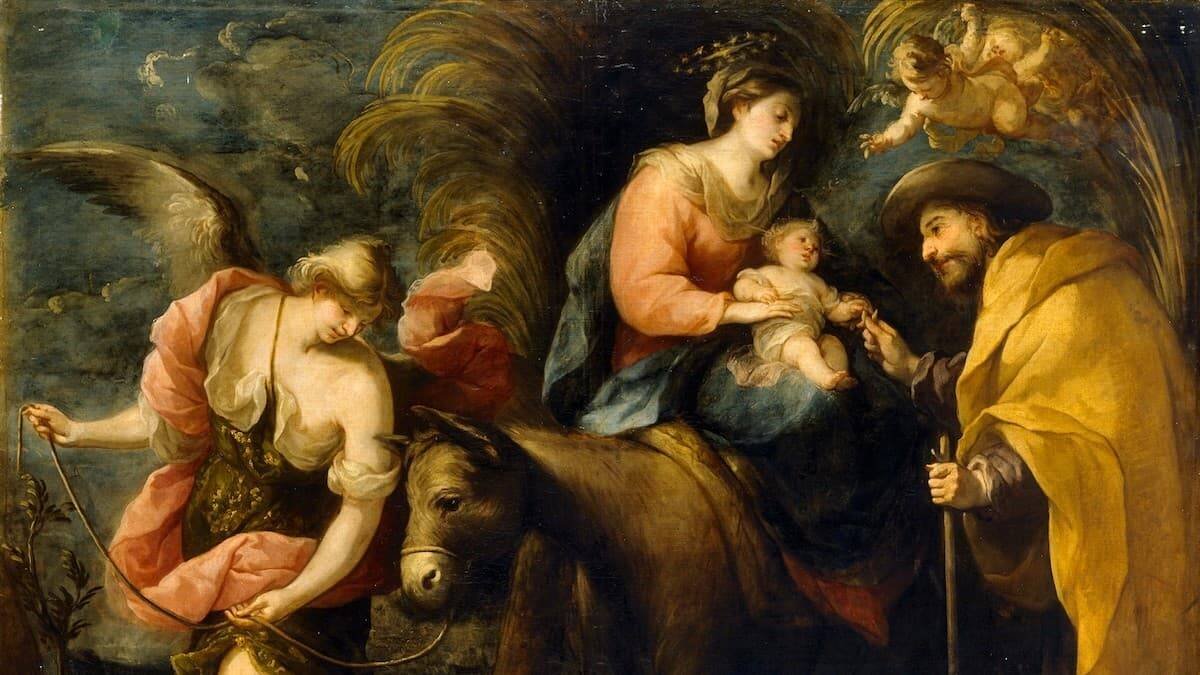 Avisado en sueños, tras la Adoración de los Reyes Magos, de que Herodes quería matar a Jesús, San José tomó a la Virgen María y al Salvador y partió de Belén. «La huida a Egipto» (detalle) de José Moreno (1670). Museo del Prado.