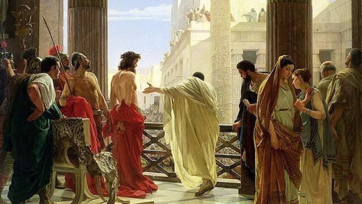 Tras preguntarse qué es la verdad ante la Verdad misma, Pilato consulta al pueblo (en realidad, a la masa vociferante congregada) para decidir conforme a su capricho, y no conforme a la Justicia. «Ecce Homo» (1871, detalle) de Antonio Ciseri.