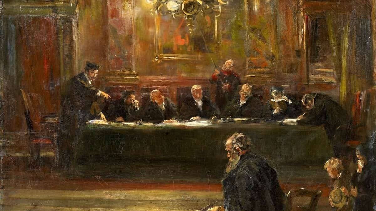 Cuando el Derecho prescinde de la determinación de la justicia y de la naturaleza de los actos juzgados, desemboca en el nihilismo. Imagen: «Ante los jueces», de Ferdinand Brütt (1903, detalle).