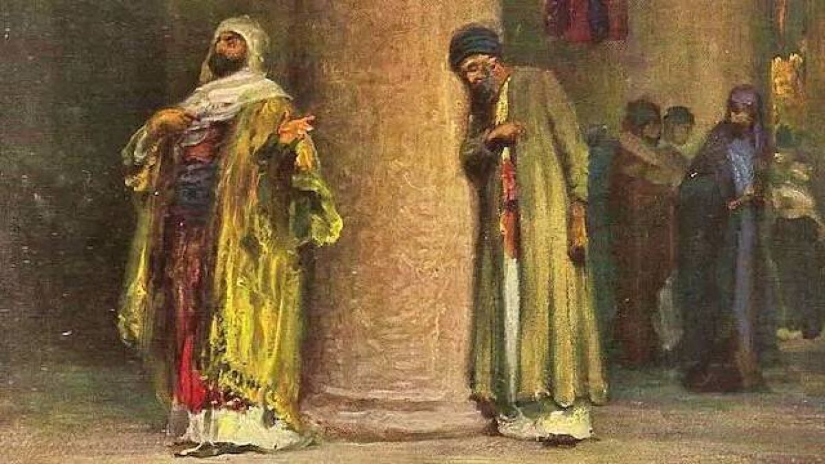 Con la parábola del fariseo y el publicano (Lc 18, 9-14), Jesucristo enseñó que el pecador arrepentido siempre es bien recibido en la casa de Dios. Imagen: postal de Anton Robert Leinweber (1845-1921), Todocoleccion.net