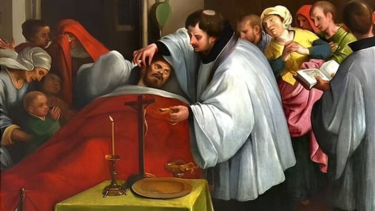 El sacramento de la Extremaunción, en una tabla de estilo flamenco de finales del siglo XVI. Fuente: Wikipedia.