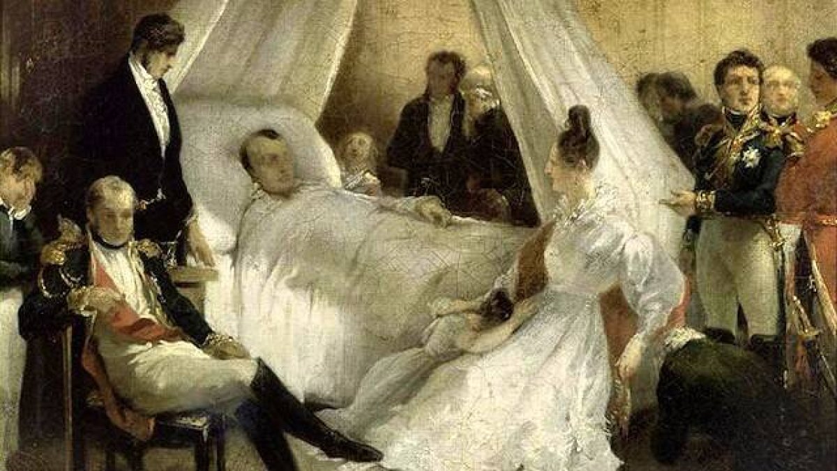 Napoleón Bonaparte (1769-1821) falleció sin que esté clara cuál fue su actitud religiosa final. Cuadro: «La muerte de Napoleón en Santa Elena», cuadro de Charles de Steuben (1828, detalle), Wikipedia.