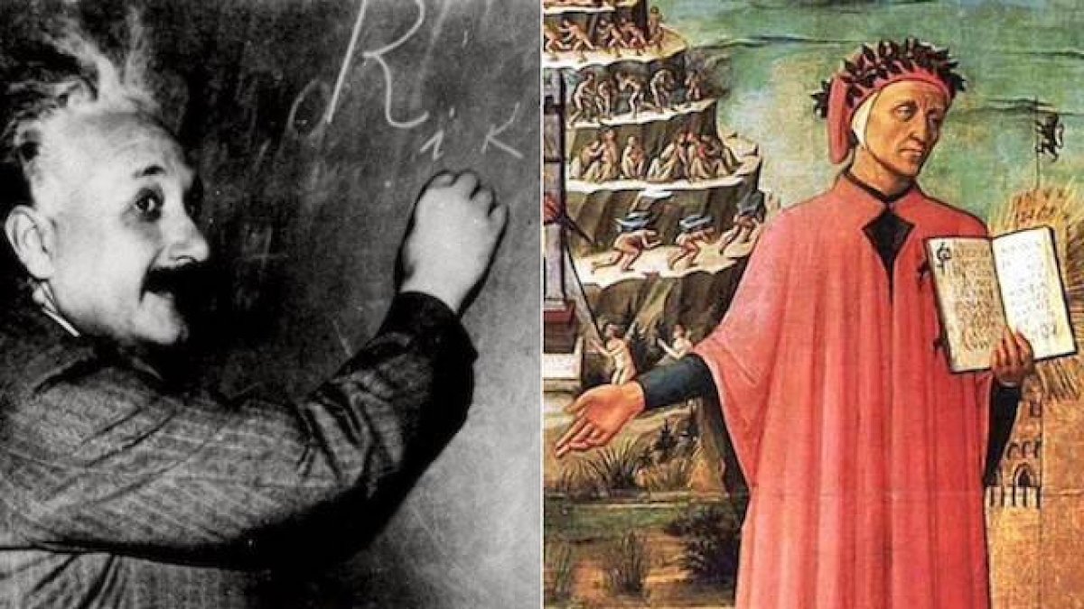 Albert Einstein explicando en su pizarra y Dante Alighieri con la Divina Comedia en las manos, en una tela de Domenico di Michelino (1465) que se conserva en la catedral de Florencia.