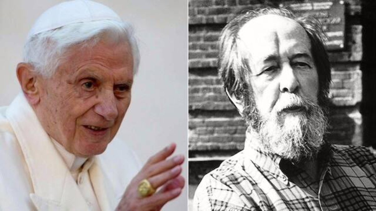 Benedicto XVI y Alexander Solzhenitsyn, dos visiones coincidentes sobre la pérdida del sentido del progreso moral. Fotos: Vatican News y SolzhenitsynCenter.org