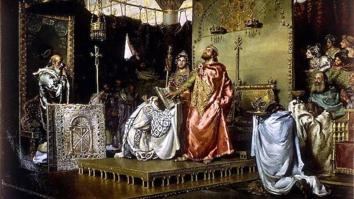 La conversión de Recaredo en 589, en el III Concilio de Toledo, confirió unidad y personalidad a la nación española. El cuadro de 1888 de Antonio Muñoz Degrain que refleja ese momento se conserva en el edificio del Senado.