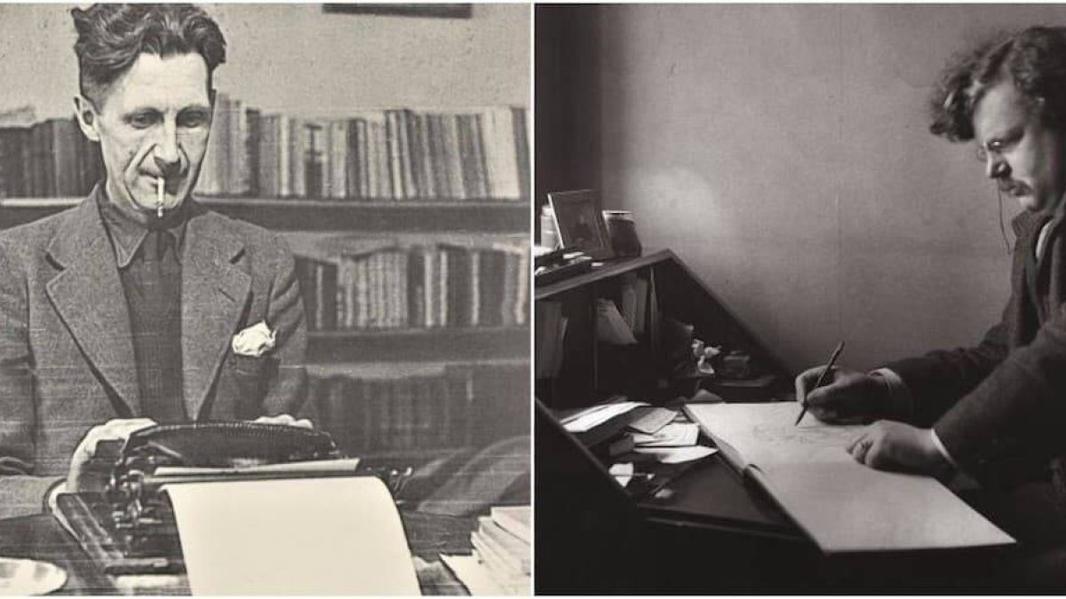 La influencia de Chesterton (a la derecha) en el primer Orwell es innegable. También en el Orwell posterior quien, aun militante de la izquierda radical, siempre fue mal visto por ella... quizá por lo que le unía a G.K.