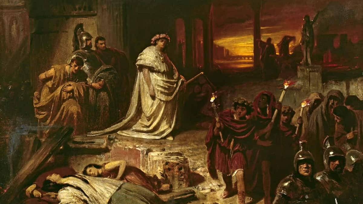 La promulgación de leyes injustas es característica de la tiranía y de los tiranos. 'Nerón sobre las ruinas de Roma' de Carl Theodor von Piloty (1826-1886).