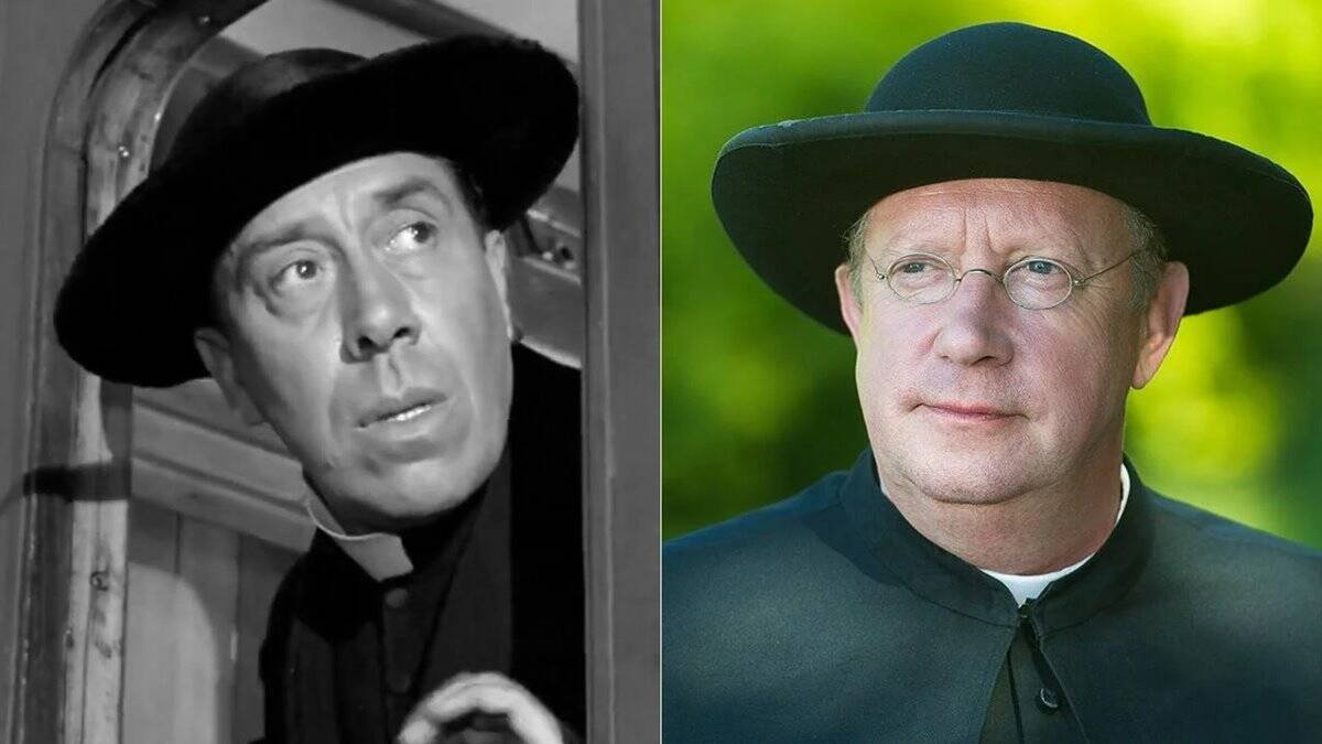 Don Camilo y el Padre Brown, en sus caracterizaciones más célebres: Fernandel para el cine en los años 50, y Mark Williams para la televisión en la serie de 2013, aún en antena en su novena temporada.