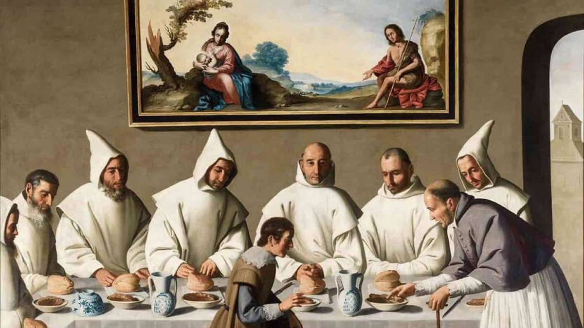 'San Hugo en el refectorio de los cartujos' (1655), de Francisco de Zurbarán. El cuadro refleja el momento en el que los fundadores cartujos, San Bruno entre ellos, deciden la abstinencia completa de carne.