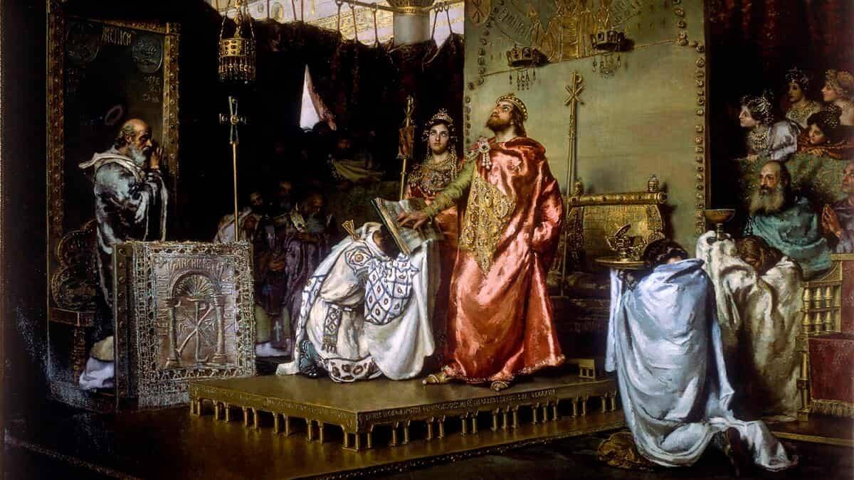 El amanecer de España, en un acto que propició su unidad social, política y religiosa: 'La conversión de Recaredo', en la visión de Antonio Muñoz Degrain (1888), Senado de España.