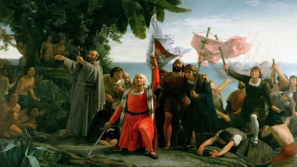 Primer desembarco de Cristóbal Colón en América (1862), un cuadro de Dióscoro Teófilo Puebla Tolín