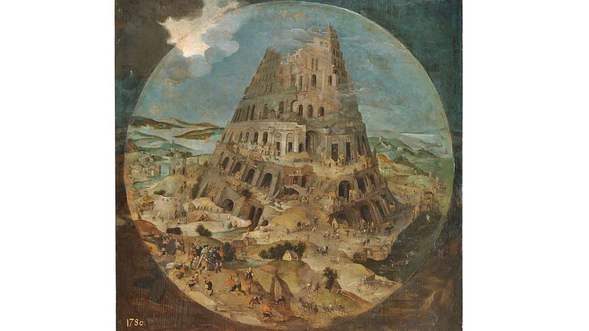 'Construcción de la Torre de Babel' (1595), atribuida a un seguidor de Pieter Brueghel el Joven (Museo del Prado). Le hemos preguntado a una inteligencia artificial si es capaz de crear textos sagrados y cómo los interpreta...