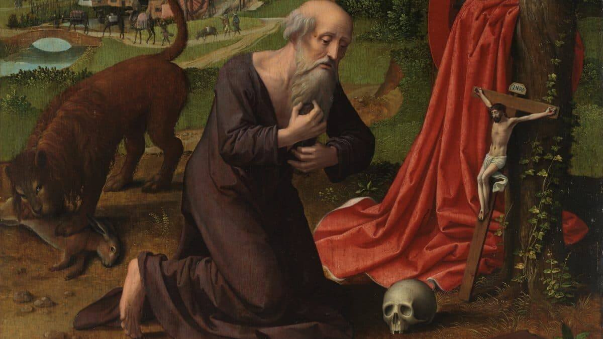 San Jerónimo penitente, óleo sobre tabla (detalle) c. 1530, atribuido al Maestro de las Medias Figuras, pintor flamenco anónimo. Museo del Prado.