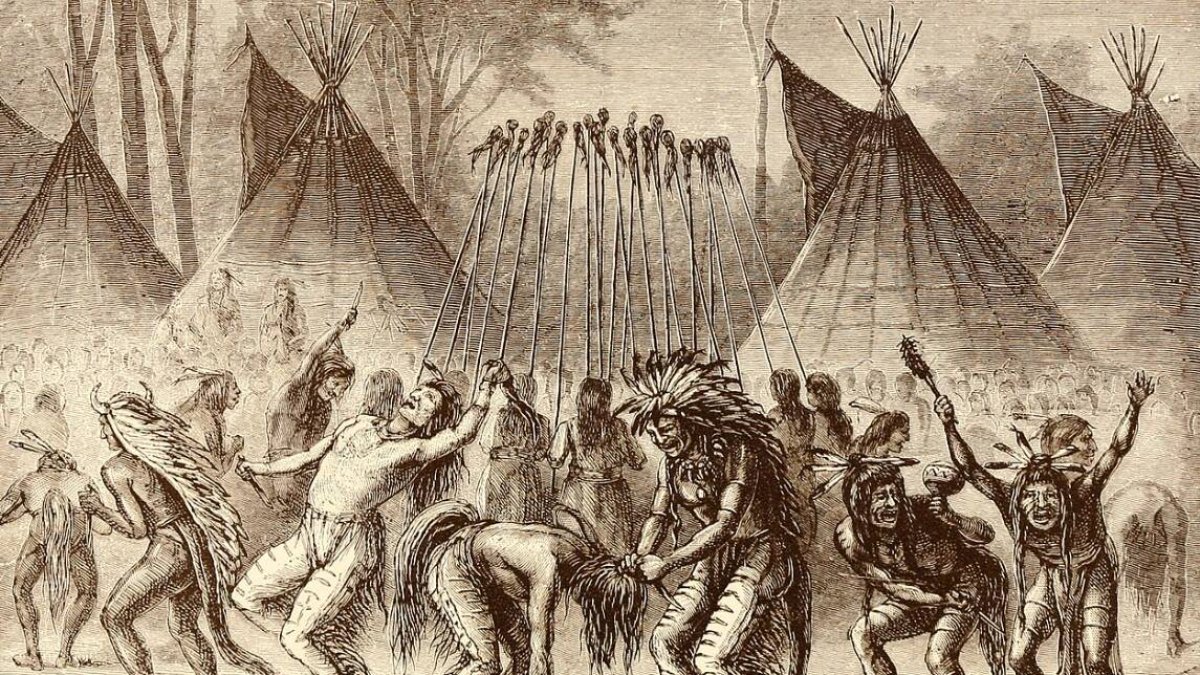 “Danza de las cabelleras”. Del libro infantil “Historia de los indios para niños”, de Francis S. Drake (1884).