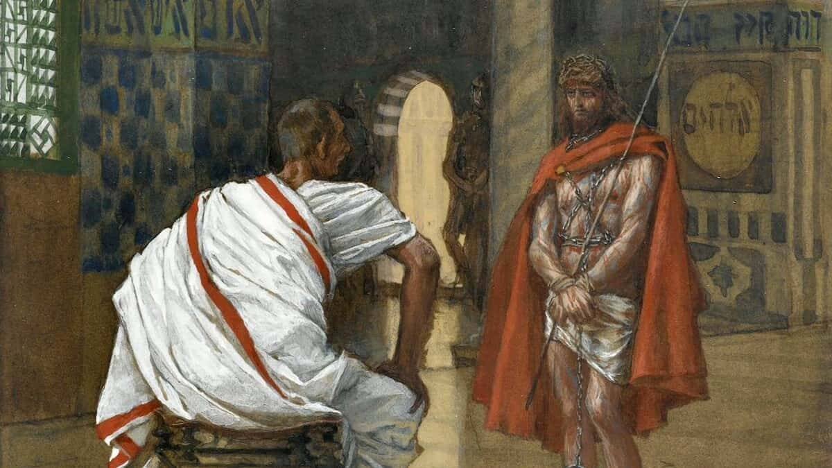 A Pilatos se le planteó el gran dilema del moderantismo y el malminorismo: compaginar la Verdad y la falsedad, el Bien y el mal, sin entrar a diferenciarlos. James Tissot, 'Jesús comparece ante Pilatos por segunda vez' (1886-1894), Museo de Brooklyn.