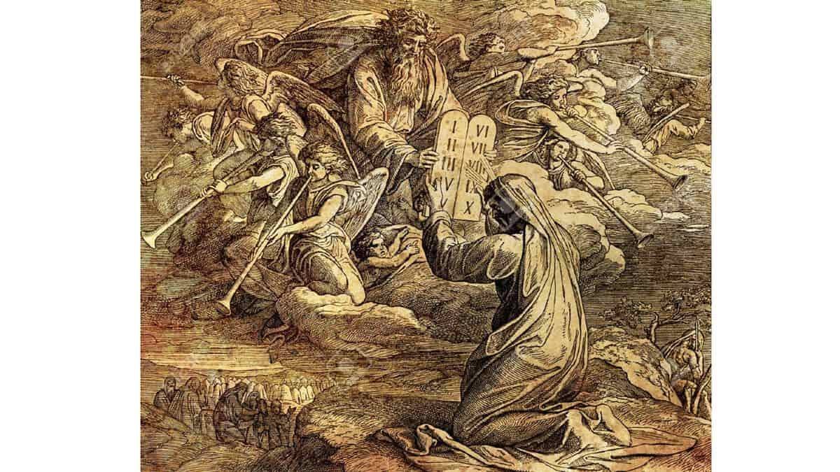 Moisés recibe de Dios las Tablas de la Ley con los Diez Mandamientos: grabado en una Biblia eslovaca de 1937.