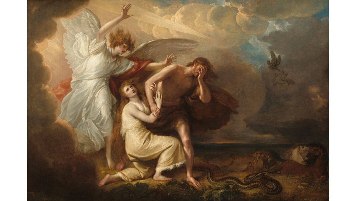 Benjamin West, 'Expulsión de Adán y Eva del Paraíso' (1791), National Gallery of Art, Washington, DC. Adán culpa a Eva, Eva a la serpiente: ninguno de los dos reconoce su culpa y ambos terminan fuera del Edén.