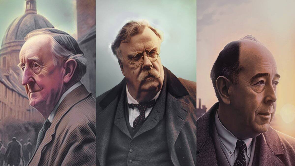 De izquierda a derecha, los retratos de Tolkien, Chesterton y Lewis que orlan el cronograma del II Congreso Internacional sobre sus figuras que se va a celebrar en Buenos Aires, con acceso en directo 'on line'.