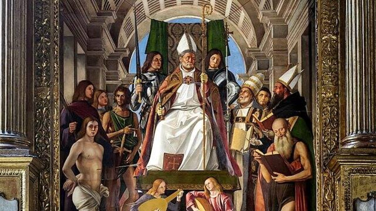 San Ambrosio de Milán, retablo al óleo de Alvise Vivarini (1503) en la iglesia de Santa María Gloriosa dei Frari, en Venecia. Fue proclamado obispo cuando aún era solo un catecúmeno.