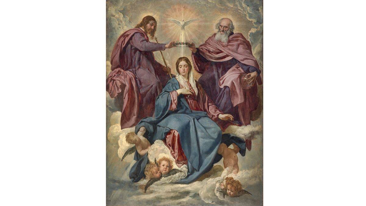 'La Coronación de la Virgen' (1635-1636), de Diego Rodríguez de Silva y Velázquez (Museo del Prado). Jamás ser humano alguno alcanzó ni alcanzará gloria semejante a la de María: ser encumbrada por la Santísima Trinidad a un trono sobre toda la Creación.