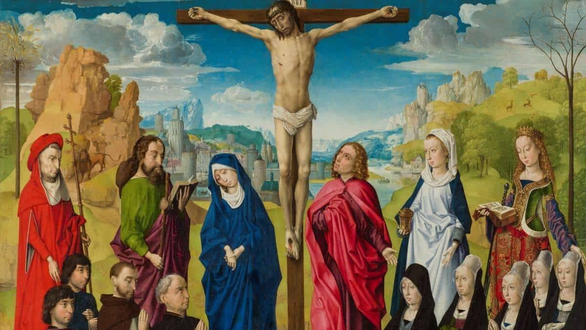 María, al pie del Calvario en un óleo sobre tabla pintado en torno a 1475 por un seguidor de Hugo van der Goes. Museo del Prado.