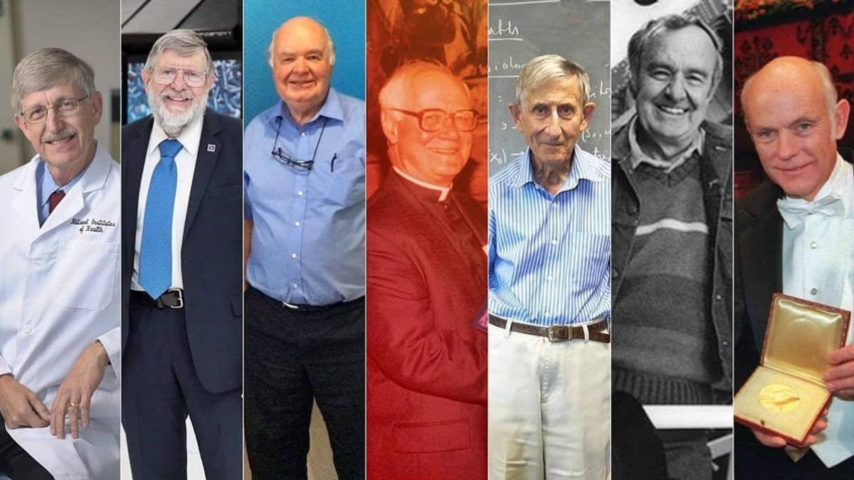 Algunos científicos de fama mundial del siglo XXI que creen en Dios: de izquierda a derecha, Francis Collins, William Phillips, John Lennox, John Polkinghorne, Freeman Dyson, Allan Sandage y Ricyhard Smalley.
