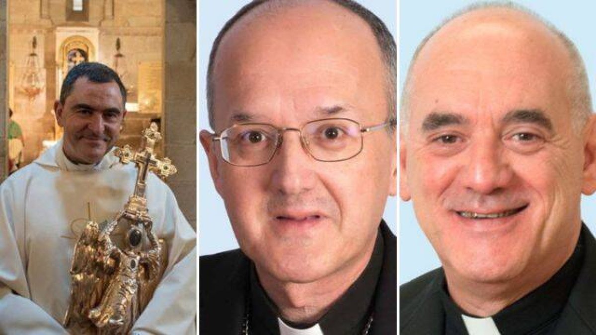 De izquierda a derecha, los nuevos obispos de Palencia, Mikel Garciandía Goñi, Sigüenza-Guadalajara, Julián Ruiz Martorell, y Santander, Arturo Pablo Ros.