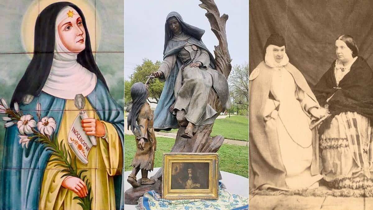 De izquierda a derecha, Santa Beatriz de Silva (1424-1492), Sor María de Jesús de Ágreda (1602-1665) predicando a los indios en América en bilocación y Sor Patrocionio (1811-1891) junto a la reina Isabel II.