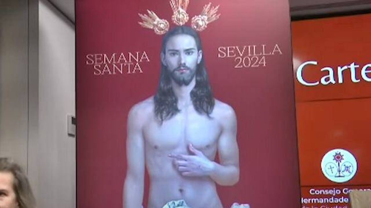 El cartel fue presentado el 27 de enero y la polémica suscitada no se apaga. Es un encargo del Consejo General de Hermandades y Cofradías de Sevilla. Imagen: captura El Mundo.